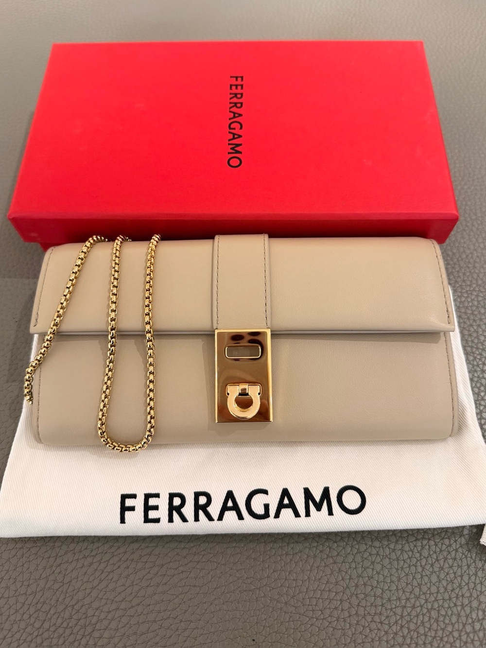 $995 Salvatore Ferragamo Hug Wallet Chain - Stone - Picture 3 of 12
